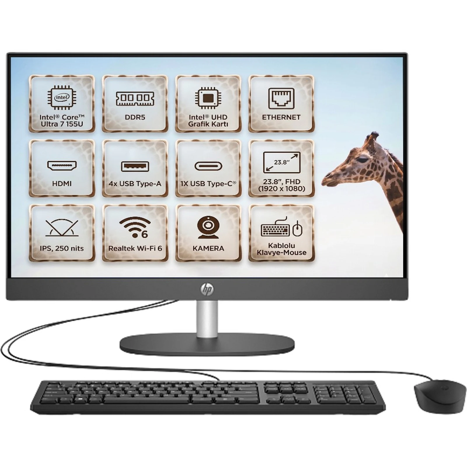 HP ProOne 240 G10 D21FRET Ultra 7-155U 8GB 512GB 23.8" DOS -Siyah